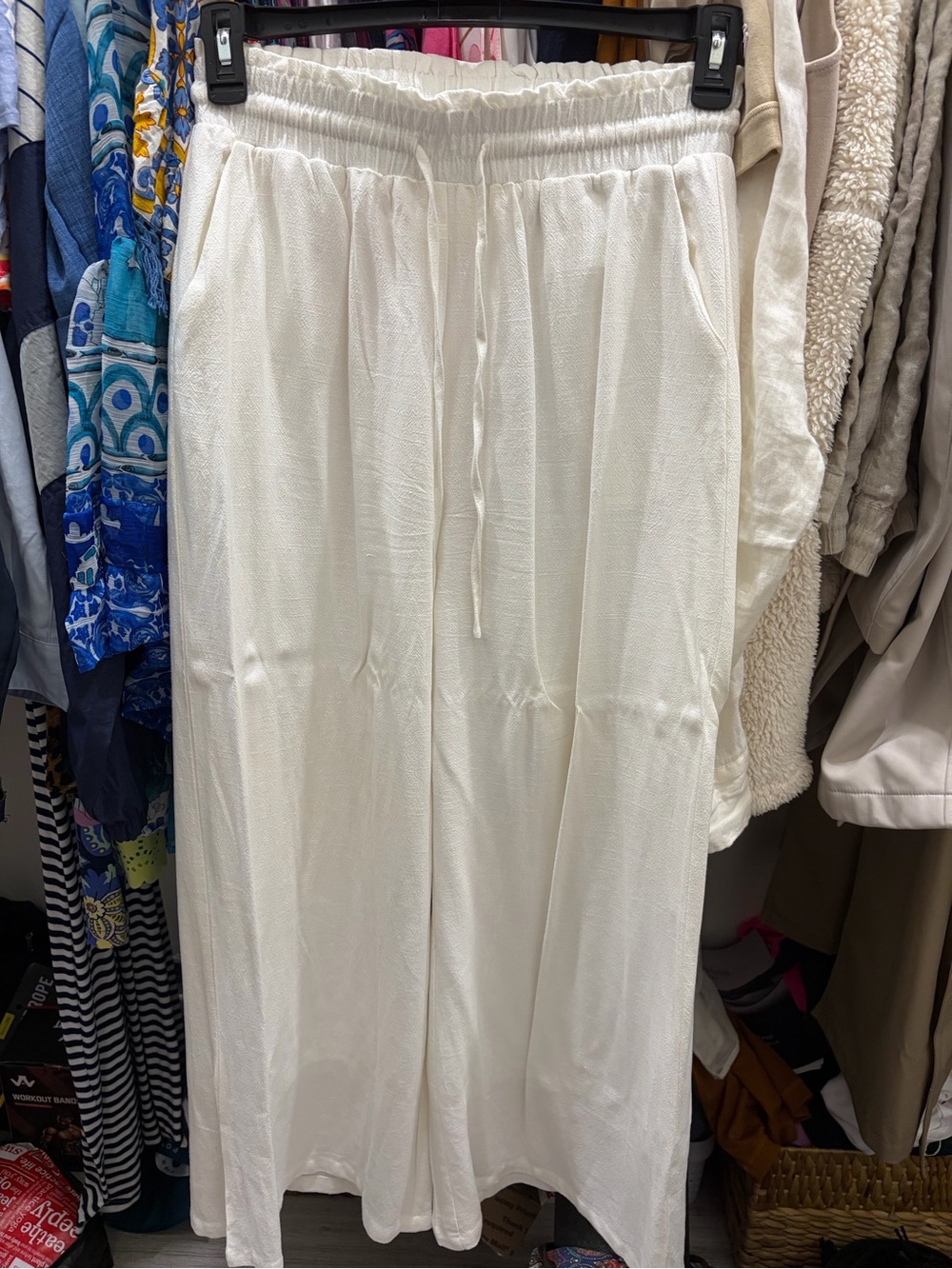 Flowy Lined White Wide-Leg Drawstring Pants and Top Set